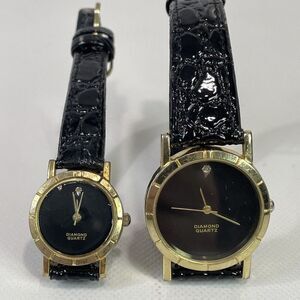 Matching Set Classic Diamond Quartz Watch Leather Adjustable Womens Men‎ READ